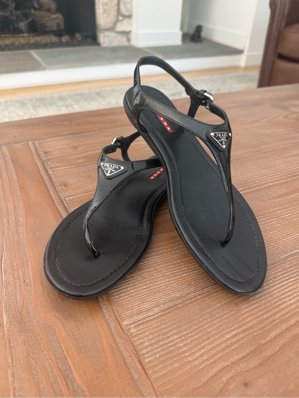 Prada Black Patent Leather T-Strap Thong Sandals